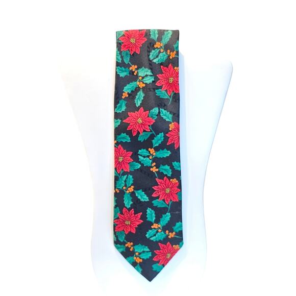 Christmas Holiday Tie Hallmark Yule Necktie Greeting Poinsettia Holly Black USA - Picture 4 of 8